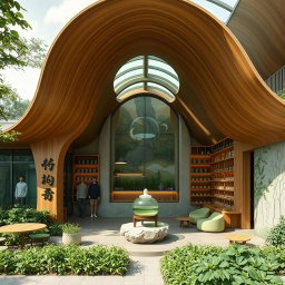 A unique architectural design for a green tea cafe that centers around the theme of green tea