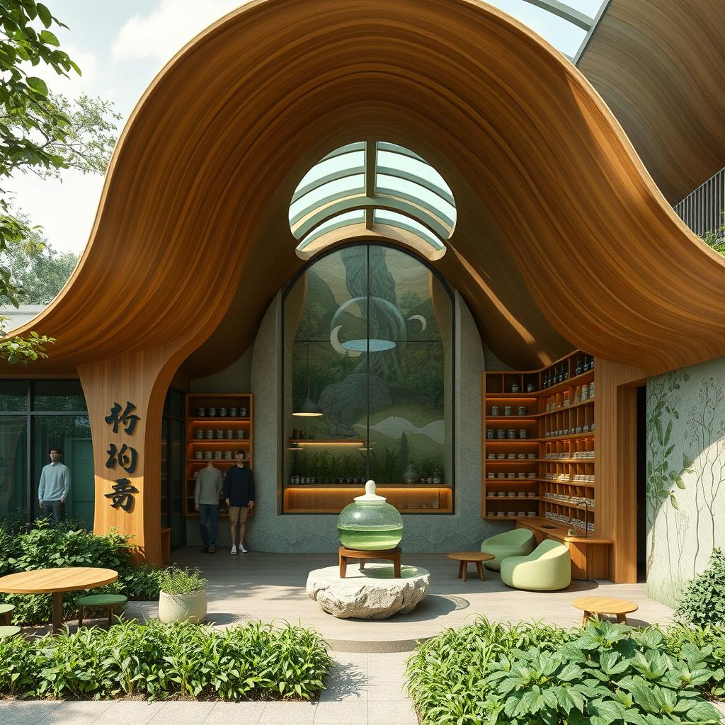 A unique architectural design for a green tea cafe that centers around the theme of green tea