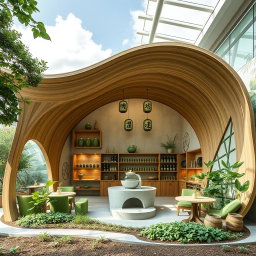 A unique architectural design for a green tea cafe that centers around the theme of green tea