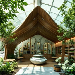 A unique architectural design for a green tea cafe that centers around the theme of green tea