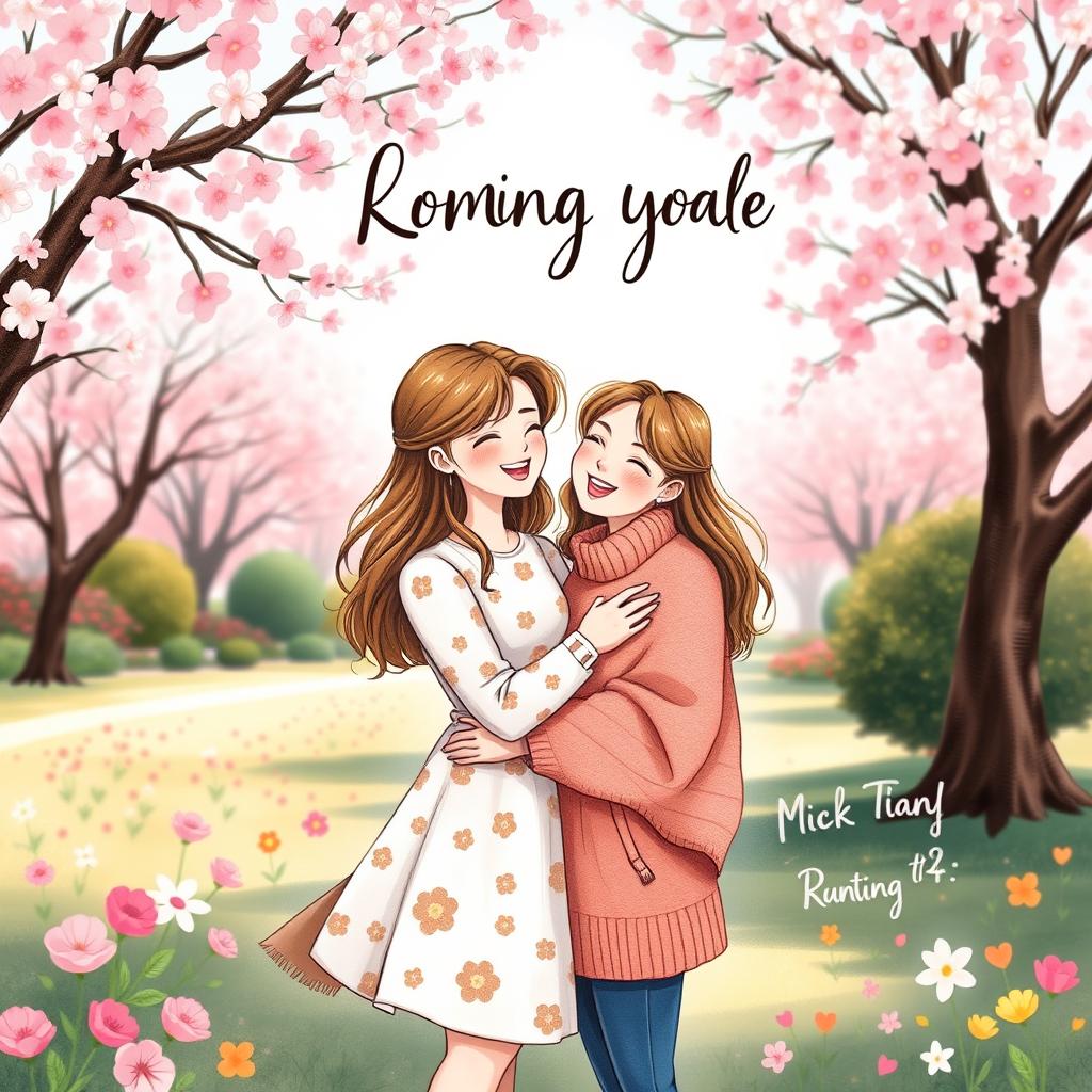 A charming illustrated book cover featuring two women in a romantic embrace, depicted in a whimsical art style