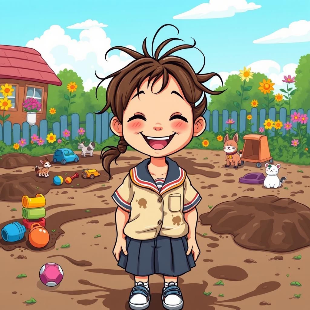 A cheerful cartoon scene featuring a happy Filipina girl wearing a slightly wrinkled and dirt-stained school uniform
