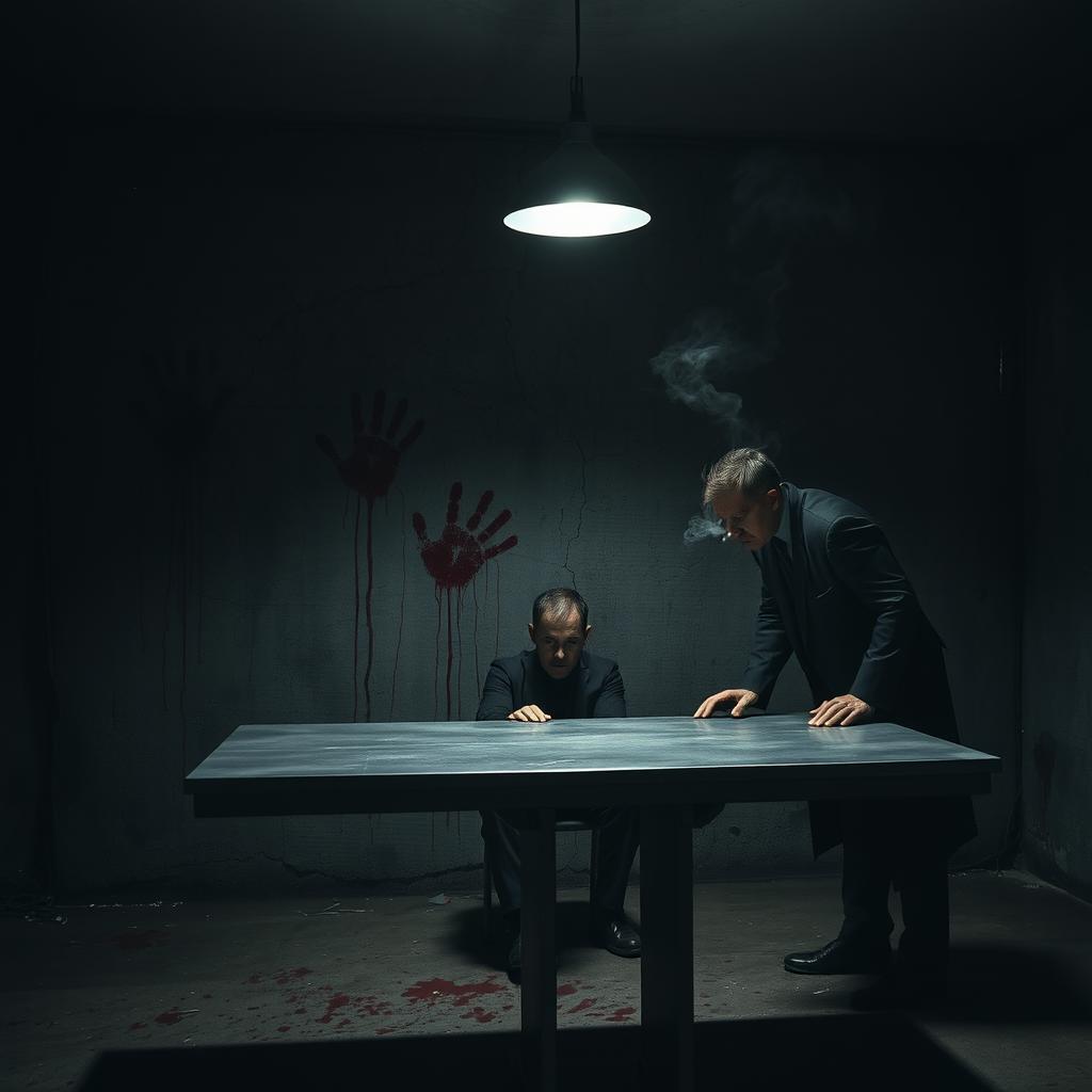 A dimly lit crime scene featuring an old, cracked concrete wall with bloody handprints smeared across it, the scene dimly illuminated by a flickering overhead light