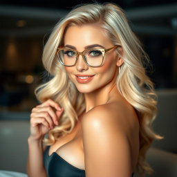 A sexy blonde bombshell wearing stylish glasses, with a confident and alluring pose