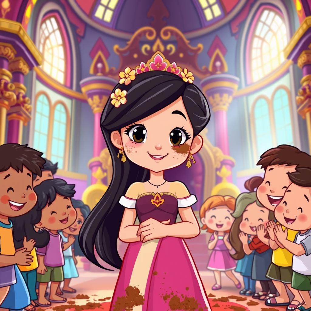 A cartoon scene set in a grand castle filled with vibrant colors