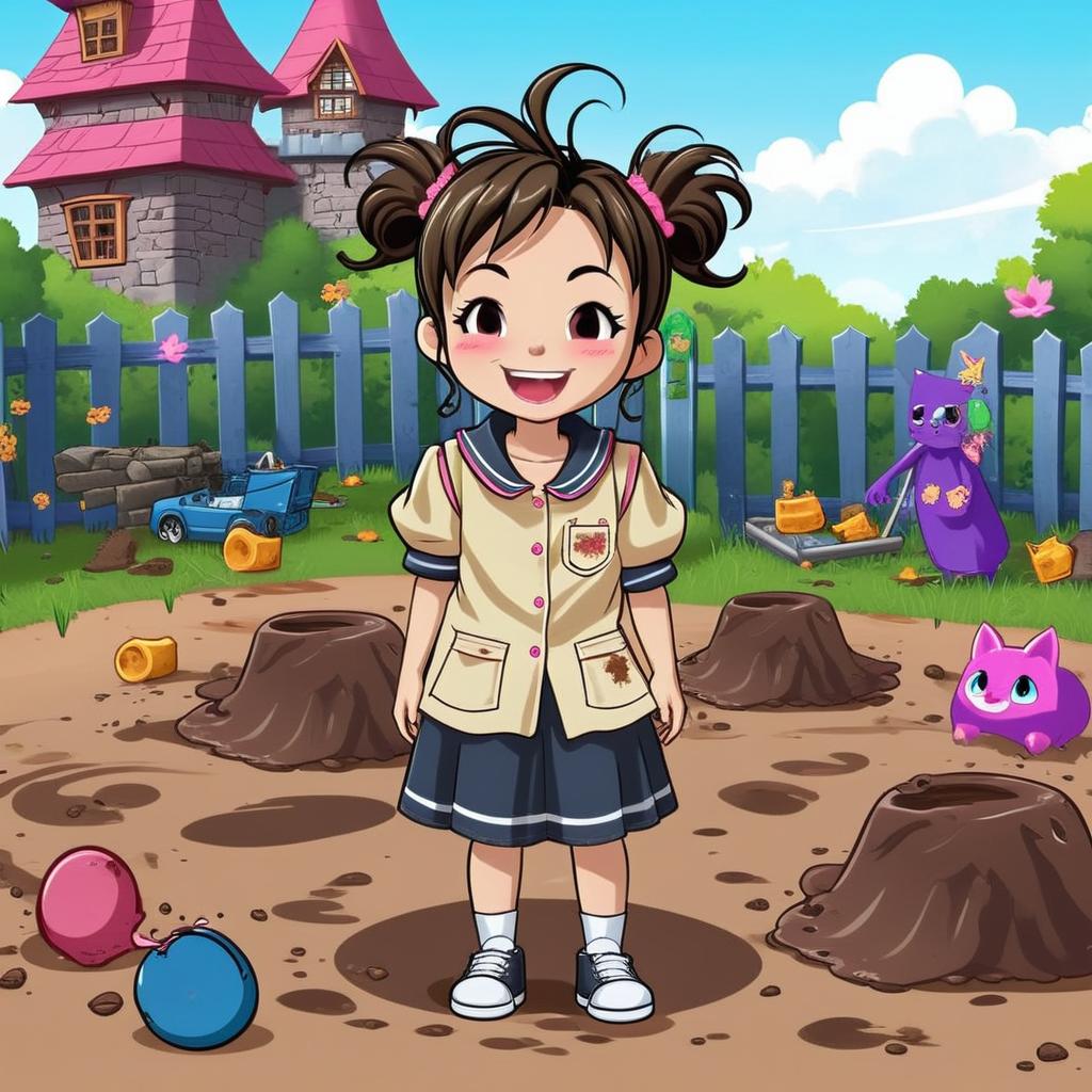 Whimsical School Girl's Muddy Adventure