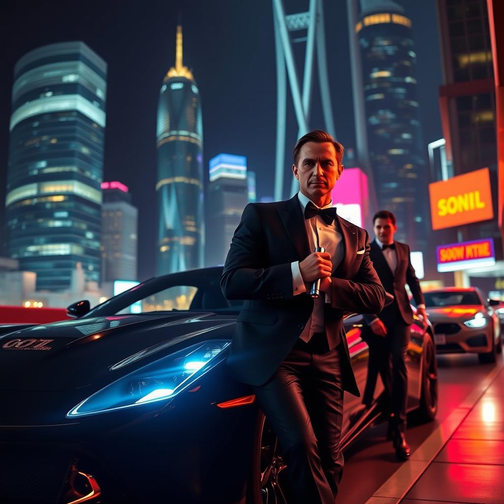 A thrilling scene depicting a high-stakes espionage moment from a James Bond film (Bond 26)