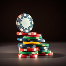 A vibrant stack of multi-colored poker chips, stacked neatly on a smooth surface