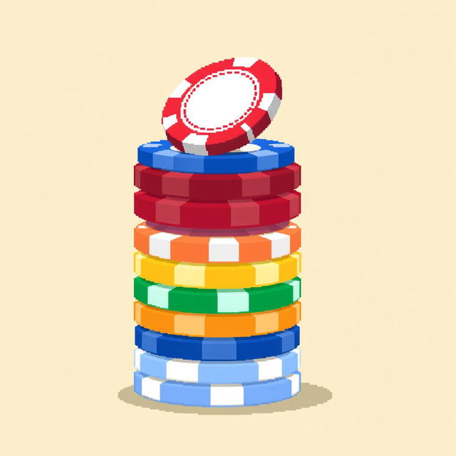 A pixel art representation of a vibrant stack of multi-colored poker chips, beautifully rendered in a classic pixelated style