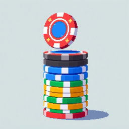 A pixel art representation of a vibrant stack of multi-colored poker chips, beautifully rendered in a classic pixelated style