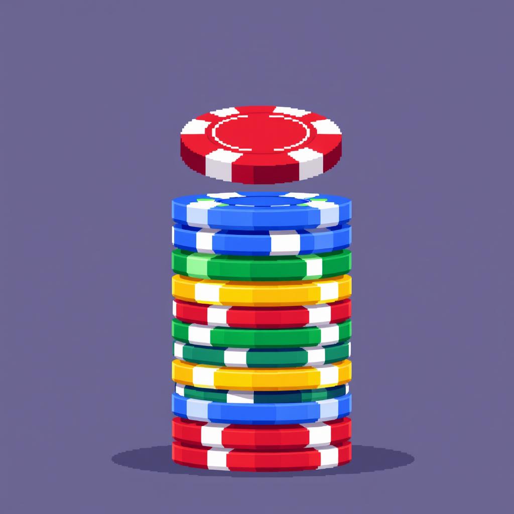 A pixel art representation of a vibrant stack of multi-colored poker chips, beautifully rendered in a classic pixelated style