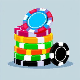 A pixel art composition featuring a colorful stack of poker chips, with the topmost chip standing on its edge