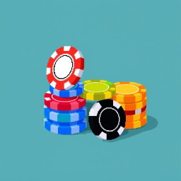 A pixel art composition featuring a colorful stack of poker chips, with the topmost chip standing on its edge