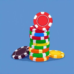 A pixel art composition featuring a colorful stack of poker chips, with the topmost chip standing on its edge