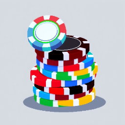 A pixel art composition featuring a colorful stack of poker chips, with the topmost chip standing on its edge