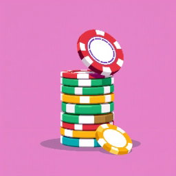 A pixel art composition showcasing a stack of multi-colored poker chips, with the topmost chip uniquely balancing on its edge