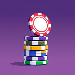 A pixel art composition showcasing a stack of multi-colored poker chips, with the topmost chip uniquely balancing on its edge
