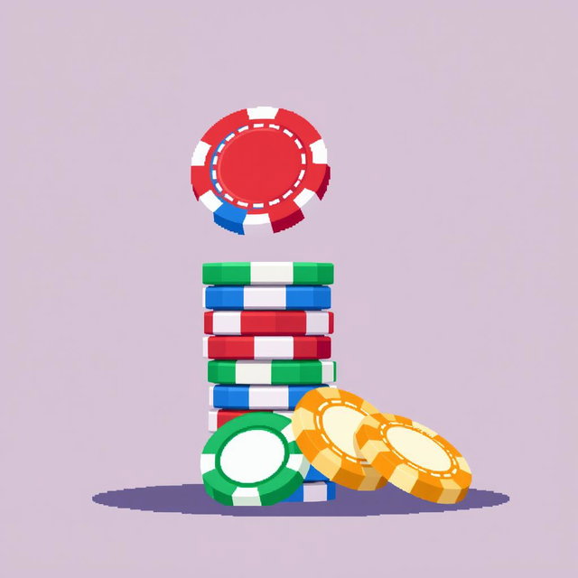 A pixel art composition showcasing a stack of multi-colored poker chips, with the topmost chip uniquely balancing on its edge