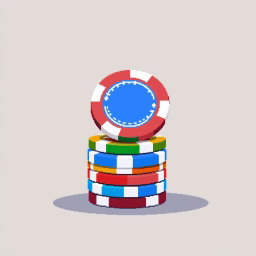 A pixel art composition showcasing a stack of multi-colored poker chips, with the topmost chip uniquely balancing on its edge