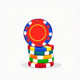 A pixel art illustration depicting a stack of multi-colored poker chips, with the top chip impressively balanced on its edge