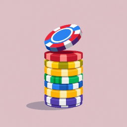 A pixel art illustration depicting a stack of multi-colored poker chips, with the top chip impressively balanced on its edge