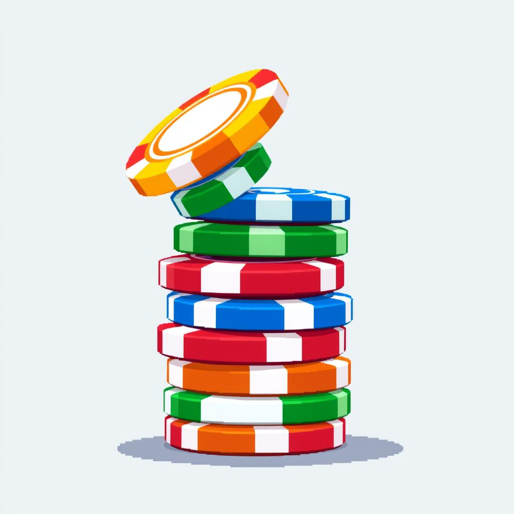 A pixel art illustration depicting a stack of multi-colored poker chips, with the top chip impressively balanced on its edge