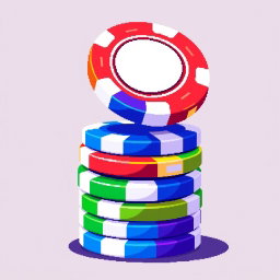 A pixel art illustration depicting a stack of multi-colored poker chips, with the top chip impressively balanced on its edge