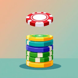 A charming pixel art scene displaying a stack of multi-colored poker chips, with the top chip expertly balanced on its edge