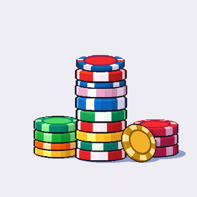 A charming pixel art scene displaying a stack of multi-colored poker chips, with the top chip expertly balanced on its edge