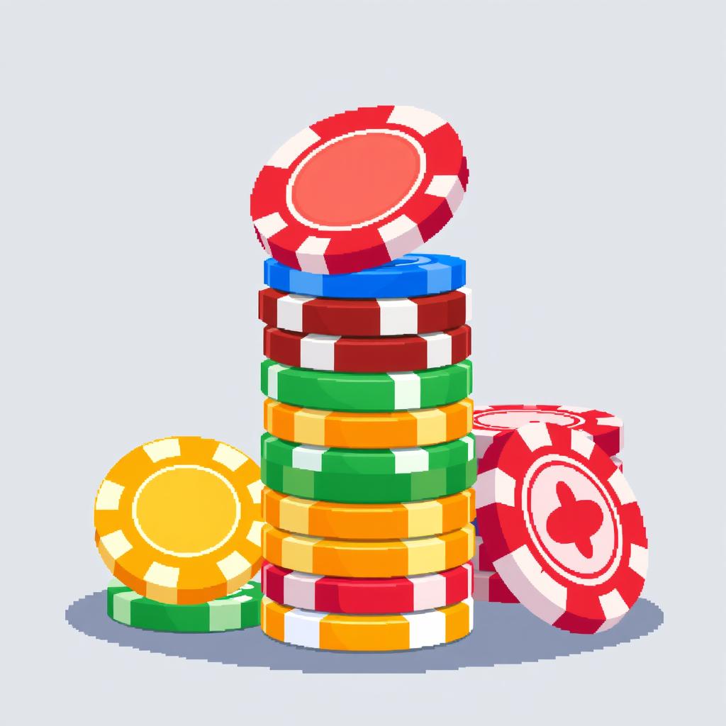 A charming pixel art scene displaying a stack of multi-colored poker chips, with the top chip expertly balanced on its edge