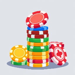 A charming pixel art scene displaying a stack of multi-colored poker chips, with the top chip expertly balanced on its edge