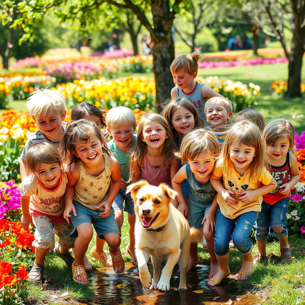 A group of playful children, around 6-8 years old, with various messy outfits and playful expressions, frolicking in a colorful park, surrounded by vibrant flowers and butterflies
