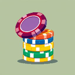 A pixel art depiction of a stack of multi-colored poker chips, with the top chip cleverly standing on its edge