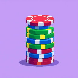 A pixel art depiction of a stack of multi-colored poker chips, with the top chip cleverly standing on its edge