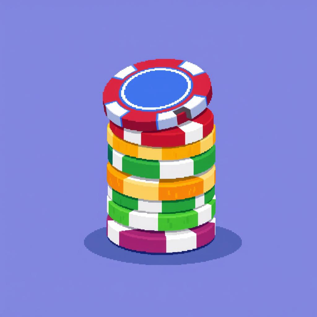 A pixel art depiction of a stack of multi-colored poker chips, with the top chip cleverly standing on its edge