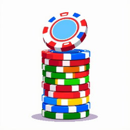 A fun pixel art representation of a stack of multi-colored poker chips, with the top chip balanced on its edge, showcasing an impressive display