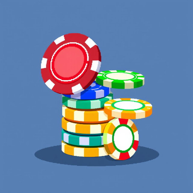 A fun pixel art representation of a stack of multi-colored poker chips, with the top chip balanced on its edge, showcasing an impressive display