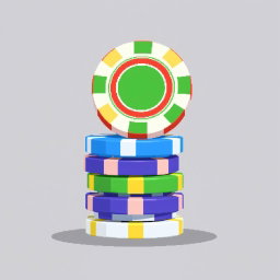 A fun pixel art representation of a stack of multi-colored poker chips, with the top chip balanced on its edge, showcasing an impressive display