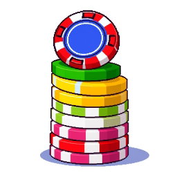 A fun pixel art representation of a stack of multi-colored poker chips, with the top chip balanced on its edge, showcasing an impressive display