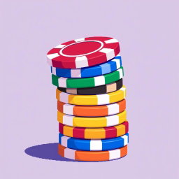 A delightful pixel art illustration featuring a stack of multi-colored poker chips, with the top chip uniquely balanced on its edge