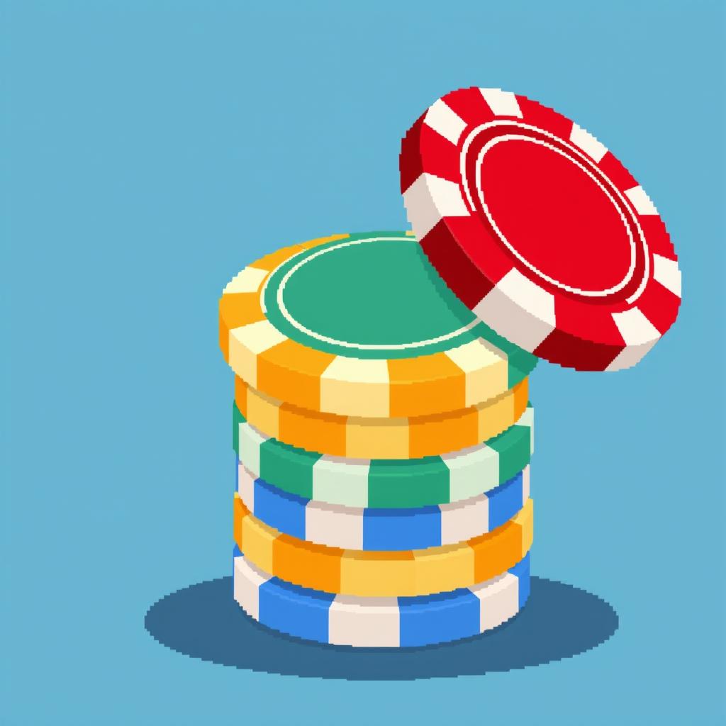 A delightful pixel art illustration featuring a stack of multi-colored poker chips, with the top chip uniquely balanced on its edge