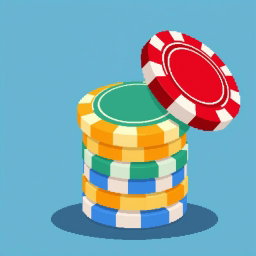 A delightful pixel art illustration featuring a stack of multi-colored poker chips, with the top chip uniquely balanced on its edge