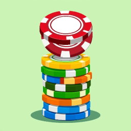 A delightful pixel art illustration featuring a stack of multi-colored poker chips, with the top chip uniquely balanced on its edge