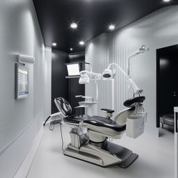 A chic dental unit showcasing a dazzling silver dental chair, gleaming white floor, and contrasting black walls. The space exudes a modern and professional vibe and is equipped with the latest in dental technology.