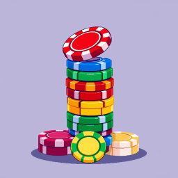 A charming pixel art illustration featuring a stack of multi-colored poker chips, with the top chip impressively balanced on its edge