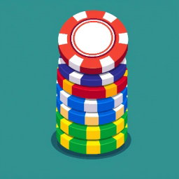 A charming pixel art illustration featuring a stack of multi-colored poker chips, with the top chip impressively balanced on its edge