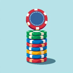 A charming pixel art illustration featuring a stack of multi-colored poker chips, with the top chip impressively balanced on its edge