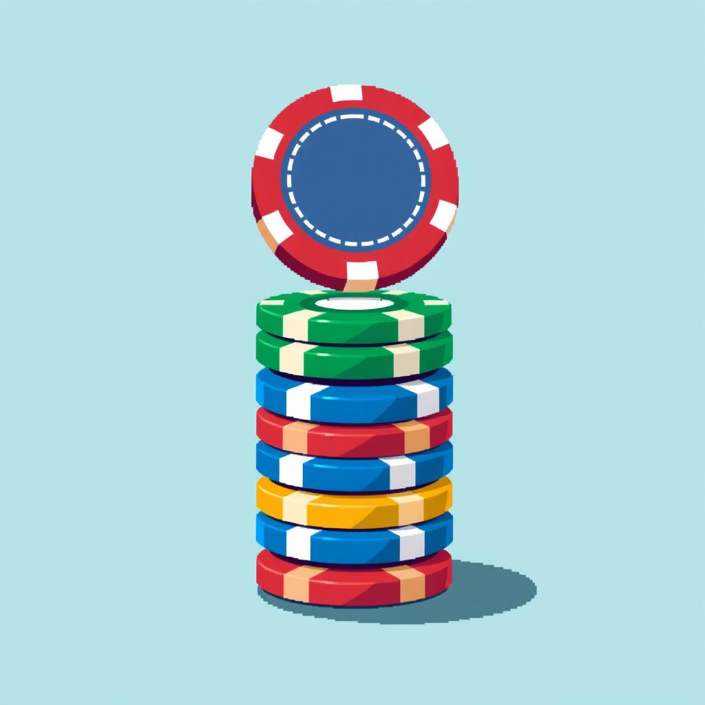 A charming pixel art illustration featuring a stack of multi-colored poker chips, with the top chip impressively balanced on its edge