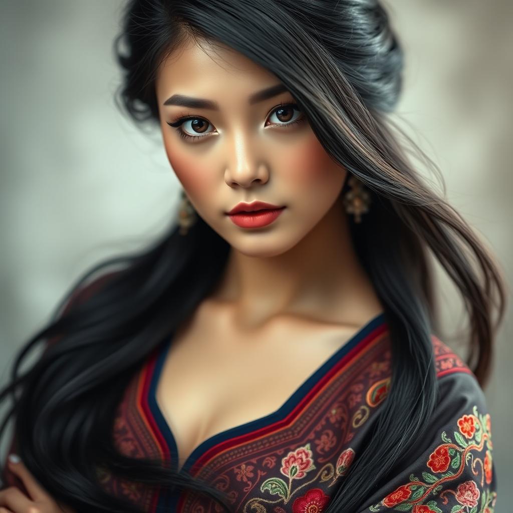 A captivating portrait of a Manchurian beauty, showcasing striking features like dark, flowing hair and smooth, porcelain skin