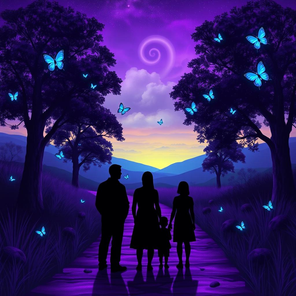 A serene pathway winds through a vibrant landscape illuminated by rich purples and greens, suggesting a magical twilight